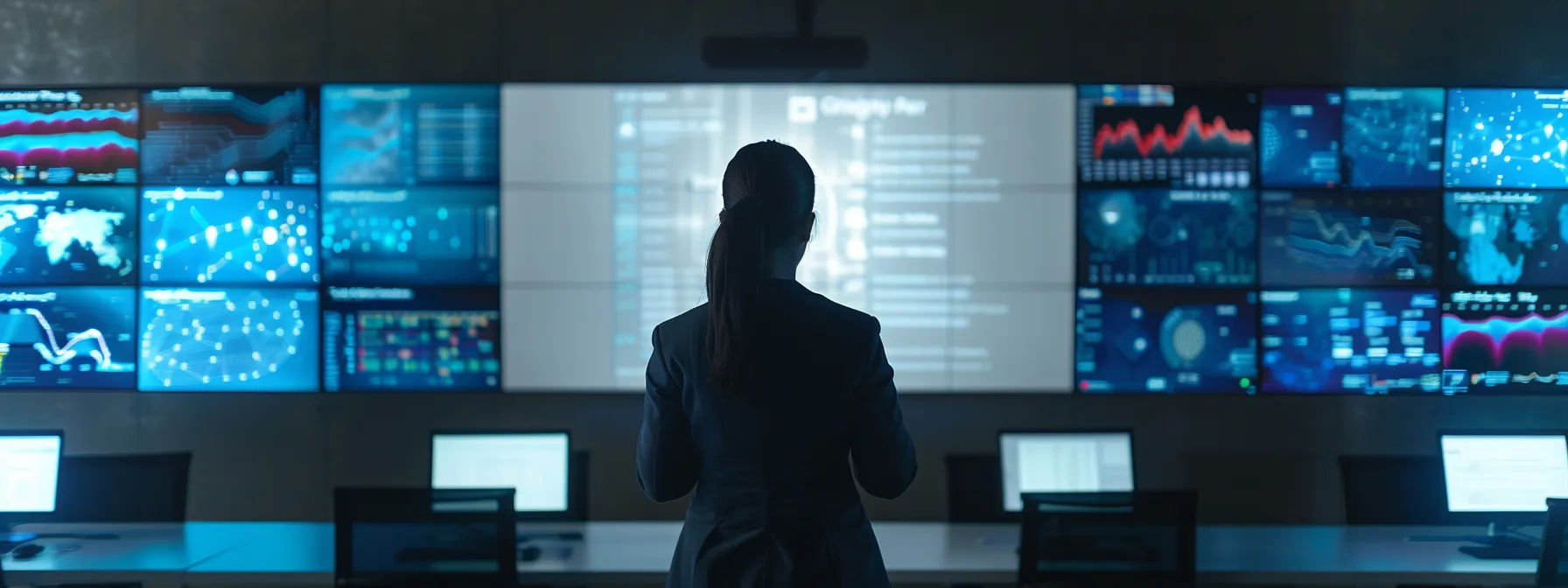 a focused businesswoman presents a compelling pitch in a modern conference room filled with digital displays showcasing federal contracting opportunities, embodying the empowerment and strategic advantages of wosb, hubzone, and 8(a) certifications.